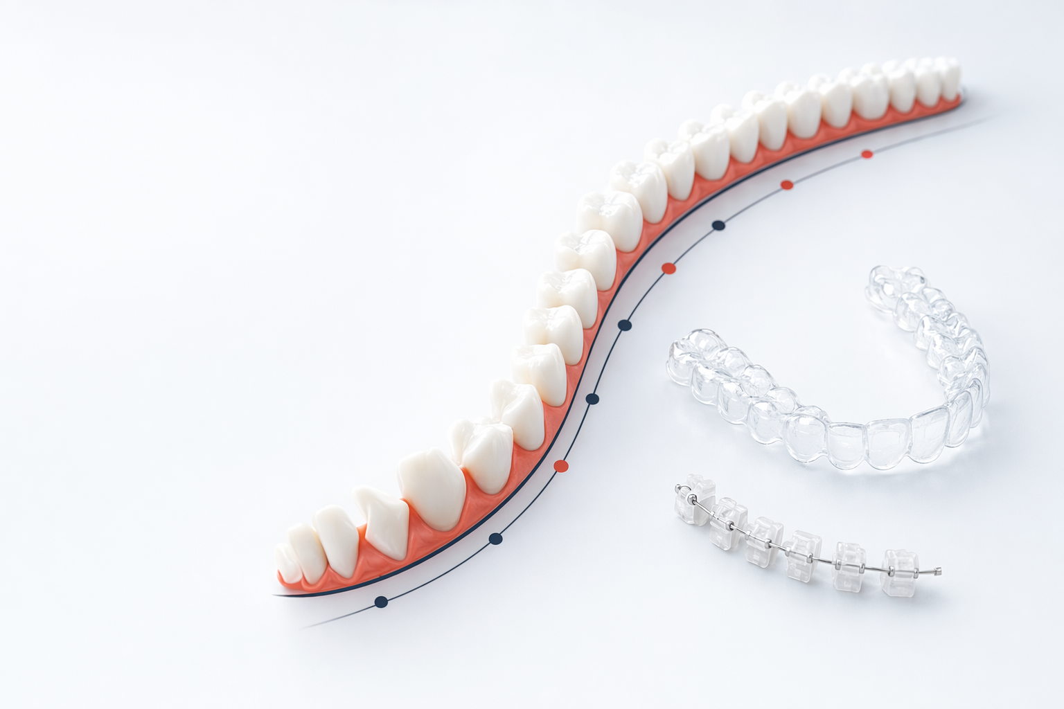 An illustration of teeth gradually moving into alignment along a gentle arch.